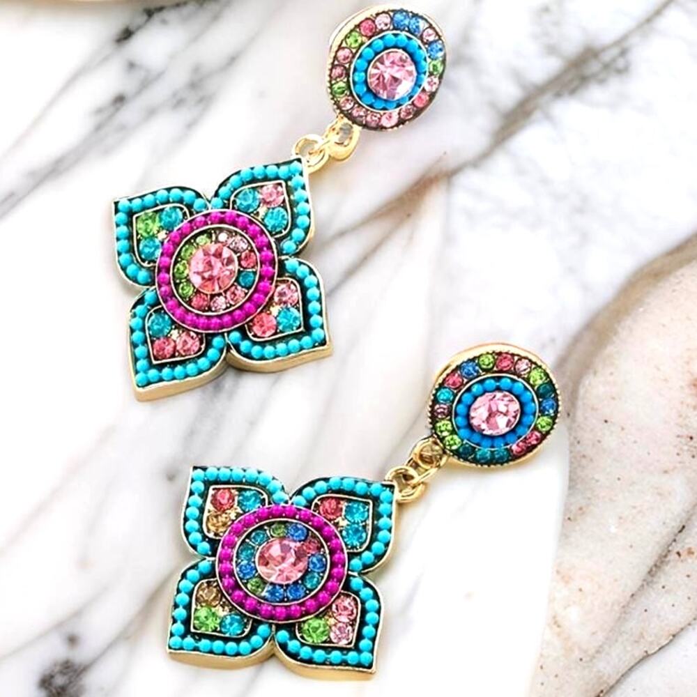 New Multicolor Beaded Jewel Mandala Earrings Boho Flower Indian Rhinestone Azure - Picture 2 of 2